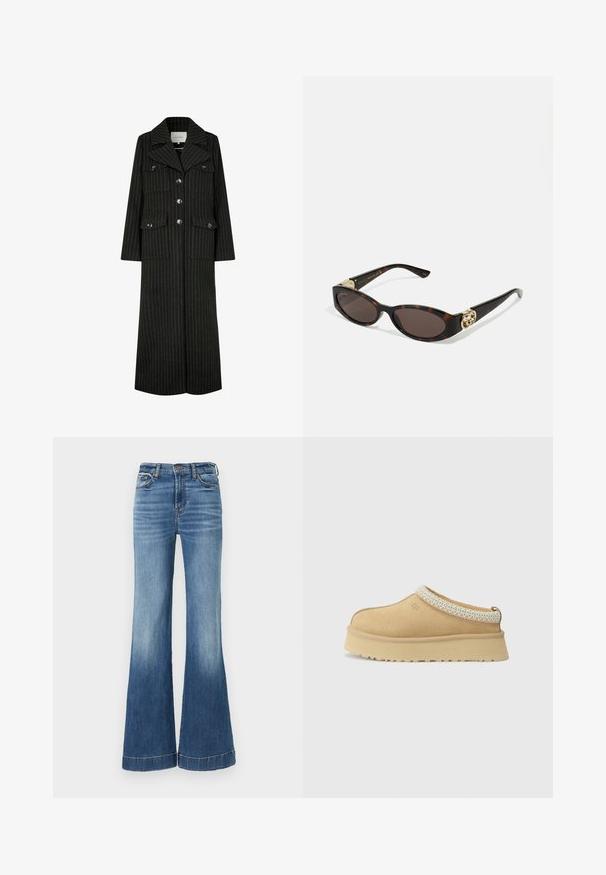 Abrigo largo de rayas negras con cuello de solapa, botones en la parte frontal y dos bolsillos en el pecho. Presenta un corte recto y un diseño estructurado.; Cárdigan gris de punto con un patrón de trenzado, que presenta un cuello redondo, cierres de botón y botones oscuros. Pequeño logo en el pecho.; Camisa blanca de botones hecha de algodón, con un bolsillo en el pecho y un pequeño logo bordado. Corte holgado con un collar clásico y mangas largas.; Jeans acampanados de mezclilla azul con cintura alta, con un desgaste más claro en la parte inferior y detalle de dobladillo cosido. Diseño clásico de cinco bolsillos.; Zapato de ante en tono marrón claro, tipo slip-on, con un collar acolchado y un acento texturizado en azul claro. Presenta una suela gruesa y duradera con un dibujo en la banda de rodadura.; Gafas de sol carey con lentes ovalados alargados, tintado marrón, acentos de logo dorado en las patillas y brazos negros elegantes.