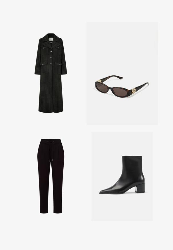 Czarny płaszcz w paski z długimi rękawami, z kołnierzem z klapami, przednimi guzikami oraz dwiema kieszeniami na piersi. Ma prosty krój i zorganizowany design.; Szary dziany kardigan z wzorem w warkocze, posiadający okrągły dekolt, zapięcie na guziki i ciemne guziki. Mały logo na piersi.; Biała koszula z długim rękawem, wykonana z bawełny, z kieszonką na piersi i małym haftowanym logo. Luźny fason z klasycznym kołnierzykiem.; Czarne, lekkie spodnie z elastycznym pasem, zapięciem na sznurki i dwoma przednimi zakładkami. Dopasowany, zwężany krój nogawek.; Czarne skórzane botki za kostkę z wydłużonym noskiem, gładką fakturą i średnim obcasem w kształcie słupka. Minimalistyczny design, zamek błyskawiczny z tyłu.; Słoneczne okulary w kolorze żółwi z wydłużonymi owalnymi soczewkami, brązowym odcieniem, złotymi akcentami logo na zausznikach oraz smukłymi czarnymi ramionami.