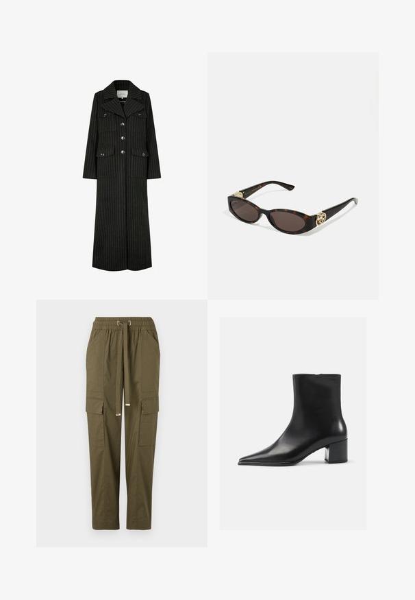 Zwarte pinstripes lange jas met een reverskraag, frontknopen en twee borstzakken. Heeft een rechte snit en een gestructureerd ontwerp.; Grijze gebreide cardigan met een kabelpatroon, voorzien van een ronde halslijn, knoopsluitingen en donkere knopen. Klein logo op de borst.; Witte overhemd met knopen gemaakt van katoen, met een borstzak en een klein geborduurd logo. Ontspannen pasvorm met een klassieke kraag en lange mouwen.; Olijfgroene cargobroek met een elastische tailleband, trekkoord, twee zijzakken en twee cargozakken, met een gladde katoenen textuur.; Zwarte leren enkellaars met een spitse neus, een soepele textuur en een middenblokhak. Minimalistisch ontwerp, ritssluiting aan de achterkant.; Schildpadbril met langwerpige ovale lenzen, bruine tint, gouden logo-accenten op de pootjes en slanke zwarte armen.