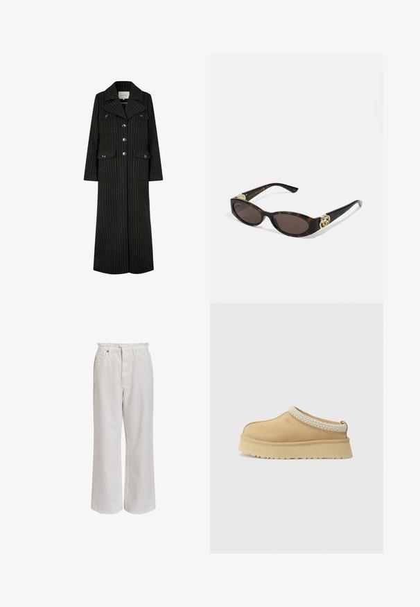 Črn dolg plašč s pinstripes vzorcem, z reverjem, sprednjimi gumbi in dvema žepoma na prsih. Ima ravno krojenje in strukturirano zasnovo.; Sivi pleteni kardigan z vzorcem kabla, s krožnim izrezom, gumbi za zapiranje in temnimi gumbi. Majhna oznaka na prsih.; Bela srajca na gumb iz bombaža, ki ima žep na prsih in majhen vezen logotip. Ohlapen kroj z klasičnim ovratnikom in dolgimi rokavi.; Bela široka hlače s nabranim pasom, sprednjimi žepi in gladko, mehko teksturo. Narejene iz lahke bombažne tkanine.; Tan zamahani čevlji brez vezalk z oblazinjeno ovratnico in strukturiranim svetlo modrim poudarkom. Imajo debel, trpežen podplat z vzorčastim profilom.; Kornjačaste sunčane naočale s izduženim ovalnim lećama, smeškim tonovima, zlatnim logotipom na drškama i elegantnim crnim rukohvatima.