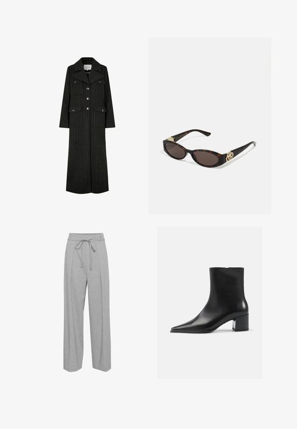 Zwarte pinstripes lange jas met een reverskraag, frontknopen en twee borstzakken. Heeft een rechte snit en een gestructureerd ontwerp.; Grijze gebreide cardigan met een kabelpatroon, voorzien van een ronde halslijn, knoopsluitingen en donkere knopen. Klein logo op de borst.; Witte overhemd met knopen gemaakt van katoen, met een borstzak en een klein geborduurd logo. Ontspannen pasvorm met een klassieke kraag en lange mouwen.; Grijze linnen broek met wijde pijpen en een hoge taille, voorzien van een trekkoord, plooien aan de voorkant en een zachte, textuurachtige afwerking.; Zwarte leren enkellaars met een spitse neus, een soepele textuur en een middenblokhak. Minimalistisch ontwerp, ritssluiting aan de achterkant.; Schildpadbril met langwerpige ovale lenzen, bruine tint, gouden logo-accenten op de pootjes en slanke zwarte armen.