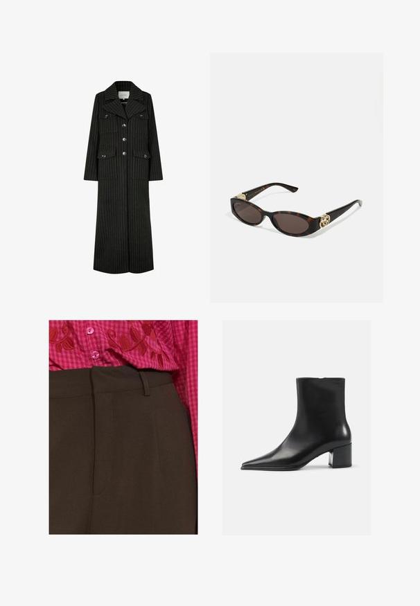 Črn dolg plašč s pinstripes vzorcem, z reverjem, sprednjimi gumbi in dvema žepoma na prsih. Ima ravno krojenje in strukturirano zasnovo.; Sivi pleteni kardigan z vzorcem kabla, s krožnim izrezom, gumbi za zapiranje in temnimi gumbi. Majhna oznaka na prsih.; Bela srajca na gumb iz bombaža, ki ima žep na prsih in majhen vezen logotip. Ohlapen kroj z klasičnim ovratnikom in dolgimi rokavi.; Rjave hlače z gladko teksturo, z stranskimi žepi in ozko silhueto. V kompletu s roza karirasto srajco, izvezeno z rdečimi listi.; Črne usnjene gležnjarje s poudavljenim nosom, gladko teksturo in srednjim blokastim petom. Minimalistična zasnova, zadrga na hrbtni strani.; Kornjačaste sunčane naočale s izduženim ovalnim lećama, smeškim tonovima, zlatnim logotipom na drškama i elegantnim crnim rukohvatima.