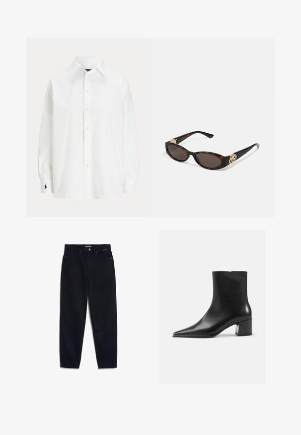 Abrigo largo de rayas negras con cuello de solapa, botones en la parte frontal y dos bolsillos en el pecho. Presenta un corte recto y un diseño estructurado.; Cárdigan gris de punto con un patrón de trenzado, que presenta un cuello redondo, cierres de botón y botones oscuros. Pequeño logo en el pecho.; Camisa blanca de botones con manga larga, cuello clásico y un pequeño logo azul en el puño. Tela de algodón suave, ajuste estructurado.; Jeans de mezclilla negra con pierna recta, diseño de cinco bolsillos y cierre de botón. La tela tiene una textura suave y costuras mínimamente visibles.; Bota negra de cuero hasta el tobillo con punta afilada, textura suave y tacón mediano. Diseño minimalista, cierre con cremallera en la parte posterior.; Gafas de sol carey con lentes ovalados alargados, tintado marrón, acentos de logo dorado en las patillas y brazos negros elegantes.