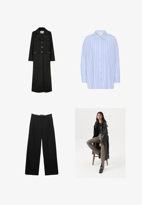 Schwarzer gestreifter langer Mantel mit Reverskragen, vorderem Knopfverschluss und zwei Brusttaschen. Verfügt über einen geraden Schnitt und eine strukturierte Gestaltung.; Hellblaues Hemd mit weißen vertikalen Streifen, mit einem spitzen Kragen, langen Ärmeln und einer lockeren Passform. Aus weichem Baumwollmaterial.; Schwarzfarbene weite Hosen aus glattem Stoff. Mit frontalen Falten, einem Bund mit Gürtelschlaufen und einer taillierten Silhouette.; Schwarzer Leder-Trenchcoat mit Knöpfen und Gürtel-Detail, kombiniert mit hellbraunen, taillierten Hosen und schwarzen Slippern, sitzt auf einem Holzschemel.