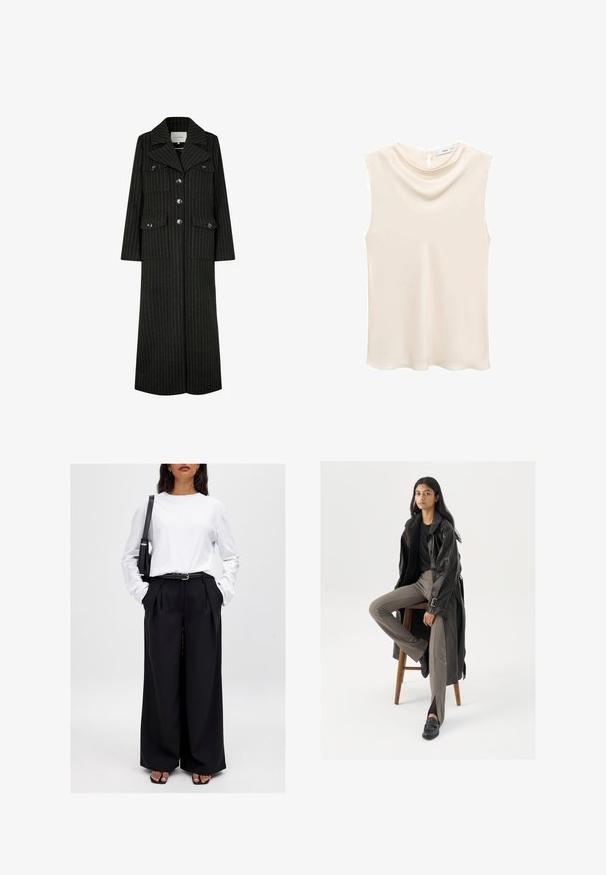 Zwarte pinstripes lange jas met een reverskraag, frontknopen en twee borstzakken. Heeft een rechte snit en een gestructureerd ontwerp.; Mouwloos ivoorkleurig topje met een zachte, gedrapeerde halslijn en een sleutelgatsluiting op de rug. Gladde stof met een subtiele glans.; NA-KD Broek - black; Zwarte leren trenchcoat met knopen en riemdetails, gecombineerd met lichtbruine getailleerde broek en zwarte loafers, zittend op een houten kruk.