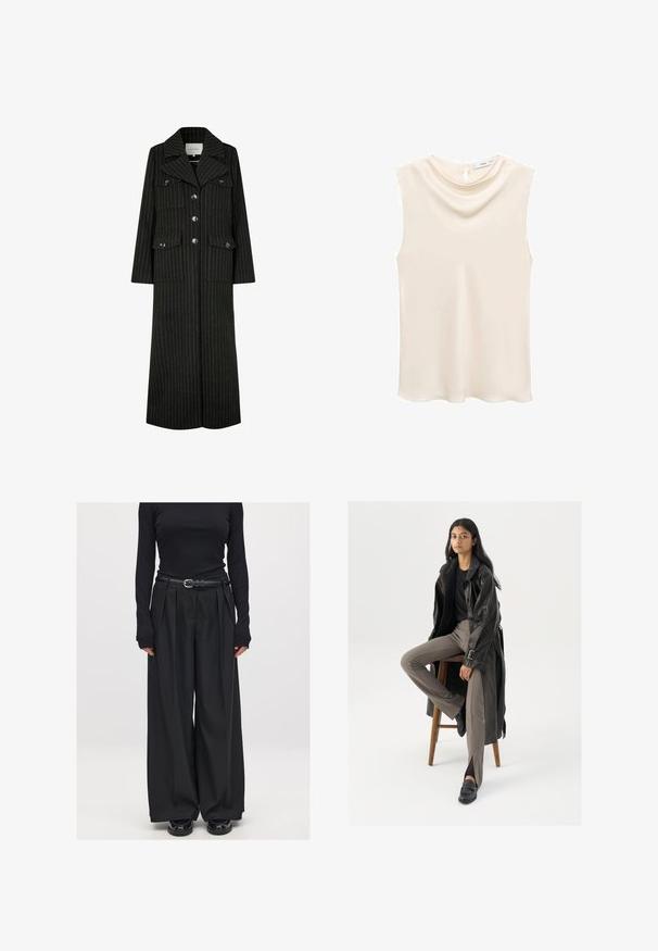 Sort stribet lang frakke med jakkesætskrave, frontknapper og to brystlommer. Har en lige pasform og struktureret design.; Sleevless, elfenbenfarvet top med en blød, draperet udskæring og en nøglehulslukning bagpå. Glat stof med en subtil glans.; Sort ribbet langtærmet top parret med højtaljede, brede ben sorte bukser, accentueret med et smalt sort bælte og afsluttet med glinsende sko.; Sort læder trench coat med knapper og bælte detalje, parret med lysebrune tætsiddende bukser og sorte loafers, siddende på en træstol.