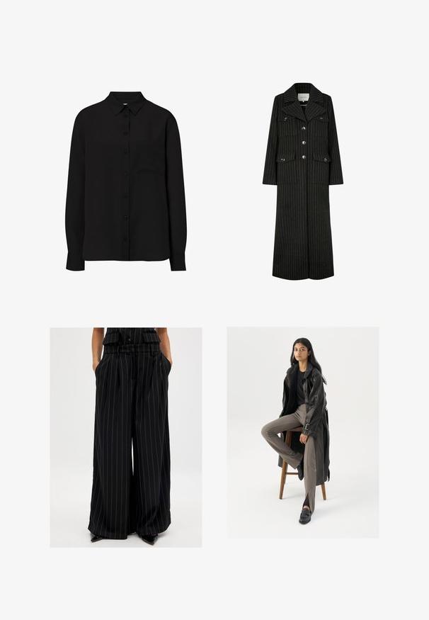 Black pinstriped long coat with a lapel collar, front buttons, and two chest pockets. Features a straight cut and structured design.; Black long-sleeve button-up shirt, made of smooth fabric, featuring a classic collar and a left chest pocket. Plain design with no patterns.; Black wide-leg trousers made from a smooth fabric with vertical pinstripes. Features a belted waist and side pockets.; Black leather trench coat with buttons and belt detail, paired with light brown fitted pants and black loafers, seated on a wooden stool.