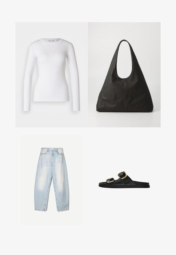 Mustapuffatakki hupulla, jossa on pitkä siluetti, tikattu muotoilu ja napinansa suljettuna, valmistettu sileästä ja kiiltävästä materiaalista.; Valkoinen pitkähihaisen paita ribbatusta kankaasta, jossa on pyöreä pääntie ja kapeamuotoinen malli. Ei kuvioita tai yksityiskohtia.; Vaaleansiniset farkut, joissa on löysä malli, haalistunut pinta, kaksi etutaskua ja nappikiinnitys vyötäröllä.; Musta liukusandaali, jossa on kaksi kultaisesta solkesta tehtyä korostusta, sileäpintainen materiaali, litteä pohja ja minimalistinen muotoilu.; Mustat nahkainen olkalaukku, jossa on kaareva kahva, pitkänomainen kolmion muotoinen rakenne ja sileä tekstuuri. Minimalistinen muotoilu, ei näkyviä metalliosia.