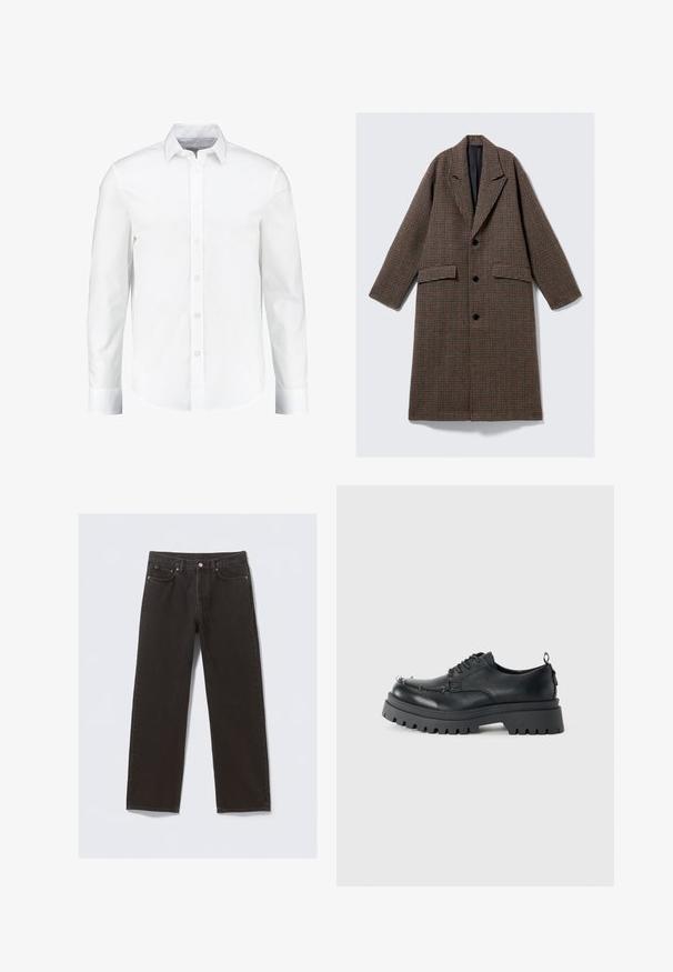 Pitkä ruskea ruudullinen takki mustalla vuorella, kolme mustaa nappia, leveät kaulukset ja kaksi etutaskua, esillä litteänä valkoista taustaa vasten.; Valkoinen pitkähihainen nappipaita, joka on valmistettu sileästä puuvillasta. Siinä on klassinen kaulus ja nappikiinnitys, sekä suora helma.; Mustat farkut, joissa on suora lahje, viisi taskua ja kuparinväriset ompeleet. Sujuva pinta, klassinen nappikiinnitys vyötäröllä.; Musta tukeva nahkakenkä, jossa on paksu, jykevä pohja ja metallinapit varpaan alueella, valokuvattu vaaleaa taustaa vasten.