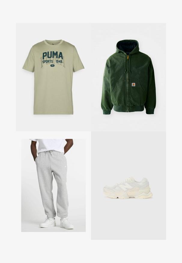 Zelená bavlnená bunda s kapucňou, predným zipsom, dvoma veľkými vreckami, rebrovanými manžetami a nášivkou s logom na ľavej hrudi.; Svetlozelené bavlnené tričko s krátkymi rukávmi, okrúhlym výstrihom a tmavomodrým textovým dizajnom PUMA s nápisom "SPORTS 1948" v kontrastnom písmovom štýle.; Muž v svetlo sivých teplákoch s brmbolcom a bielych teniskách, stojaci s rukami v vreckách na bielom pozadí.; Ľahká teniska s vrchom z nylonovej sieťoviny a zamatovej kože v jemných krémových odtieňoch, so robustnou podrážkou a trojrozmernými akcentmi.
