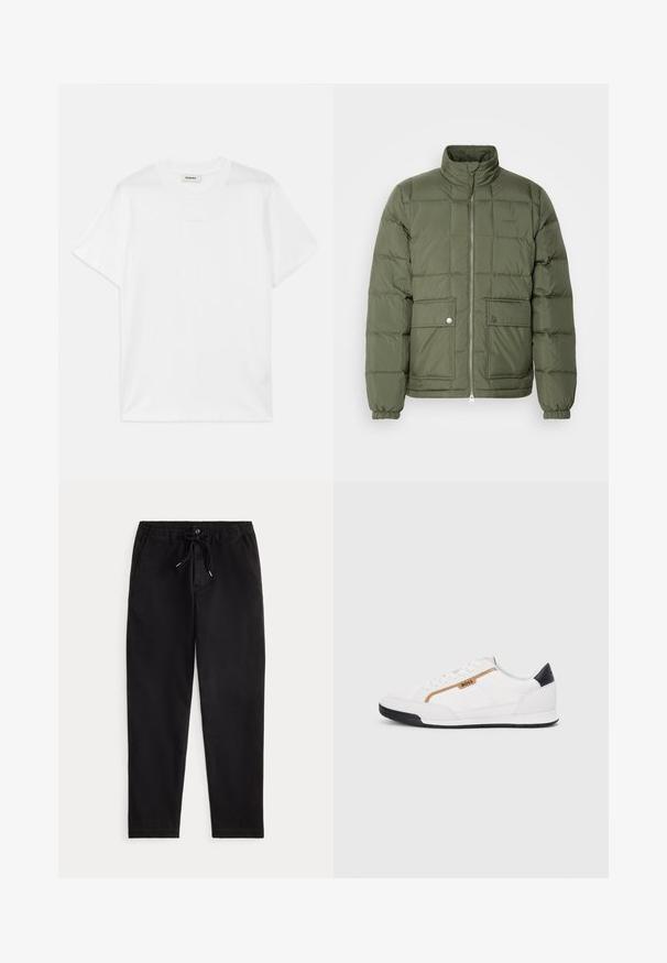Zelená puffová bunda s vysokým golierom, prešívaný dizajn, dve predné vrecká a strieborné kovania. Obsahuje elastické manžety a spodný lem.; Biela bavlnená tričko s okrúhlym výstrihom, krátkymi rukávmi a jemným logom potlačeným na prednej strane. Hladká textúra a jednoduchý dizajn.; Čierne voľné nohavice s elastickým pásom, šnúrkou na stiahnutie, predným gombíkom a postrannými vreckami, vystavené na jednoduchej pozadí.; Biele športové topánky s akcentmi z korku a kože. Obsahujú zlaté logo "BOSS", textúrované bočné panely a čierny pätník. Gumová podrážka.