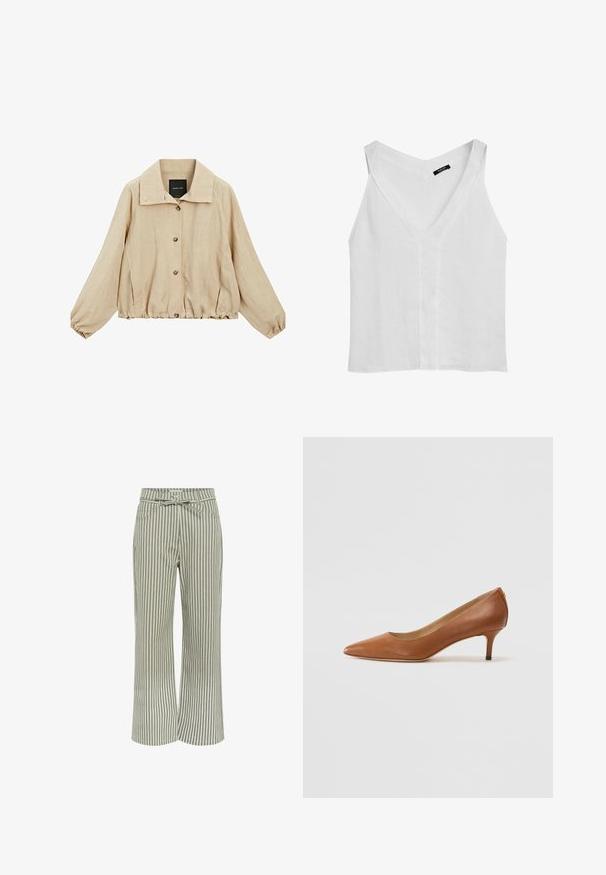 Beige lättviktsjacka med krage, framknäppning med knappar, ärmar med elastiska manschetter och elastisk nederkant. Slät tygtextur.; Massimo Dutti FLOWING DOUBLE FABRIC GARMENT - Linne - white; Randiga vida byxor i grön och vit, med bälte i midjan, två framfickor och en mjuk tygkänsla.; Lauren Ralph Lauren ADRIENNE - Pumps - deep saddle tan