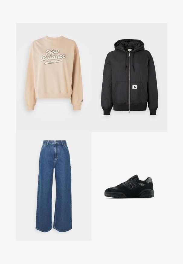 Chaqueta negra con capucha y cremallera en el frente, puños y dobladillo acanalados, y un parche cuadrado con el logotipo en la parte inferior delantera. Hecha de una tela ligera y suave.; Sudadera beige con cuello y puños acanalados. Presenta un gran logo de "New Balance Athletics" en gris oscuro. Textura suave, corte relajado.; Pantalones vaqueros de pierna ancha en azul con cintura alta, costuras en contraste y bolsillos laterales, que cuentan con un diseño clásico de cinco bolsillos y dobladillos sin rematar.; Zapatilla negra de perfil bajo con suela texturizada, diseño de cordones, paneles de gamuza y acentos con patrón en el talón y el logo lateral.