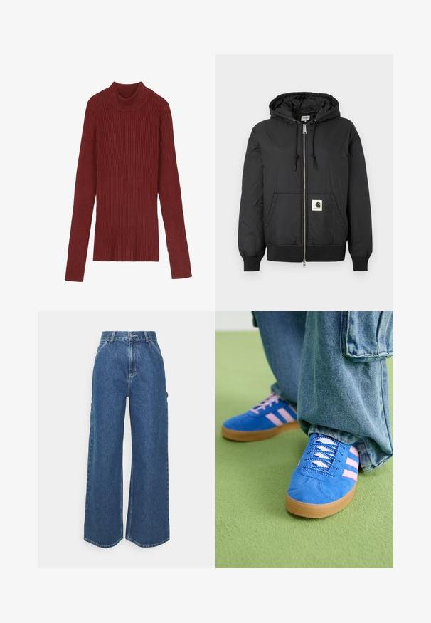 Black hooded jacket with a zip front, ribbed cuffs and hem, and a square logo patch on the lower front. Made from lightweight, smooth fabric.; Ribbed, maroon turtleneck sweater with long sleeves and a fitted silhouette. Soft texture, minimalistic design, and no visible hardware.; Wide-leg blue denim trousers with a high waist, contrasting stitching, and side pockets, featuring a classic five-pocket design and raw hems.; Blue suede shoes with pink stripes and white laces, featuring a gum rubber sole, paired with loose denim pants on a green surface.