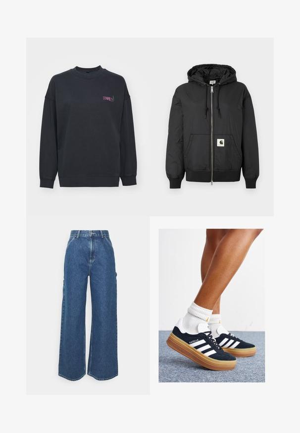 Black hooded jacket with a zip front, ribbed cuffs and hem, and a square logo patch on the lower front. Made from lightweight, smooth fabric.; Black sweatshirt with a crew neck, long sleeves, and ribbed cuffs. Features a small multi-colored "ROXY" logo on the chest. Soft texture.; Wide-leg blue denim trousers with a high waist, contrasting stitching, and side pockets, featuring a classic five-pocket design and raw hems.; Black suede sneakers with white stripes and accents, rounded toe, gum rubber outsole, paired with white ribbed crew socks.