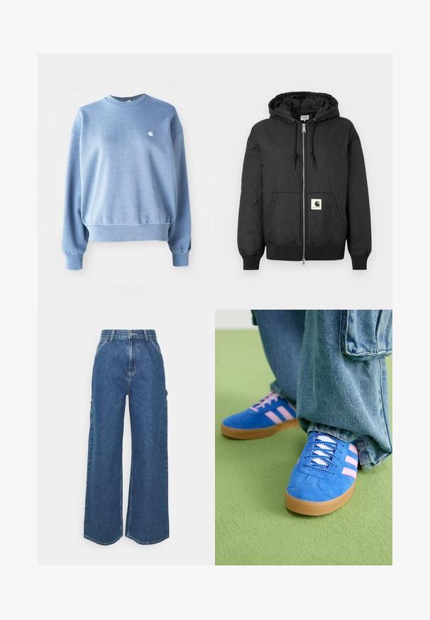 Jachetă neagră cu glugă, cu fermoar frontal, manșete și tiv ribbate și un patch pătrat cu logo în partea inferioară din față. Fabricată dintr-un material ușor și neted.; Pulover deschis la culoare, de tip crewneck, realizat dintr-un material moale, având manșete și tiv zimțate, cu un mic logo alb pe piept.; Pantaloni din denim albastru cu talie înaltă și picioare largi, cu o cusătură contrastantă și buzunare laterale, având un design clasic cu cinci buzunare și margini brut.; Pantofi din piele întoarsă albaștri cu dungi roz și șireturi albe, având o talpă din cauciuc gumat, asortați cu pantaloni din denim largi pe o suprafață verde.