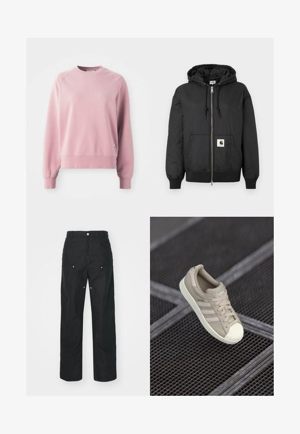 Melns kapuci jaka ar rāvējslēdzēju priekšpuses, ribotām piedurknēm un apakšējo daļu, kā arī kvadrātveida logo uzlīmi apakšējā priekšpusē. Izgatavota no viegla, gluda auduma.; Gaišs rozā kreklu džemperis ar raglanu piedurknēm, ribota apkakle un apakša, izgatavots no mīksta auduma. Sānos ir neliela logo etiķete.; Melnas bikses ar taisniem diegiem, izgatavotas no teksturēta auduma. Satur dekoratīvus sudraba aksesuārus un unikālas vīļu detaļas.; Bežs Adidas Superstar adidas ar strukturētu ādas virsējo daļu, trim sānu joslām, noapaļotu purngalu un logotipu uz mēles un papēža.