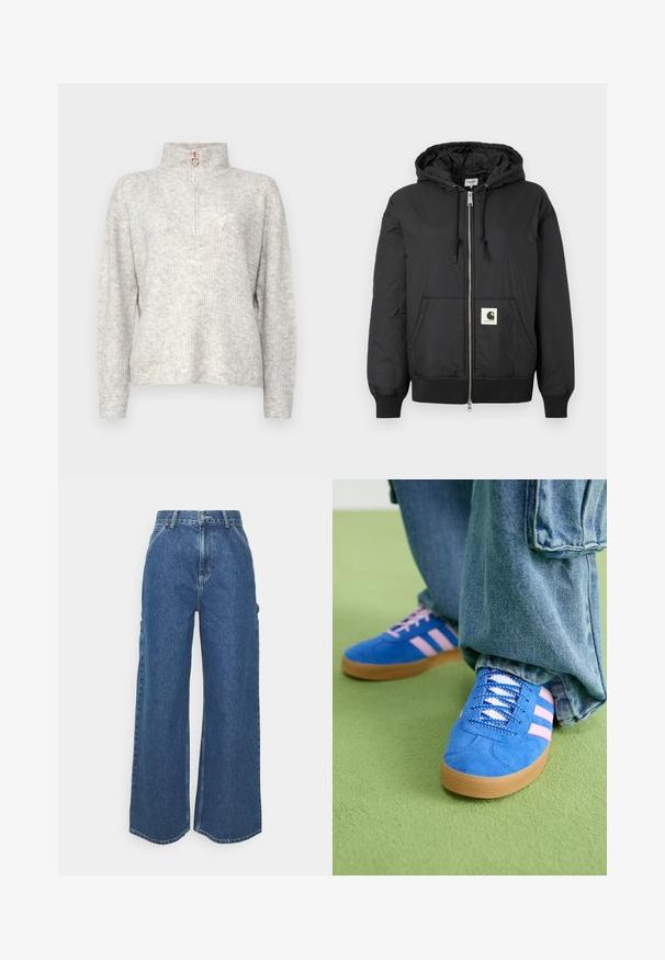 Jachetă neagră cu glugă, cu fermoar frontal, manșete și tiv ribbate și un patch pătrat cu logo în partea inferioară din față. Fabricată dintr-un material ușor și neted.; Vero Moda VMPLAZA ZIPPER BLOUS - Pulover - light grey; Pantaloni din denim albastru cu talie înaltă și picioare largi, cu o cusătură contrastantă și buzunare laterale, având un design clasic cu cinci buzunare și margini brut.; Pantofi din piele întoarsă albaștri cu dungi roz și șireturi albe, având o talpă din cauciuc gumat, asortați cu pantaloni din denim largi pe o suprafață verde.