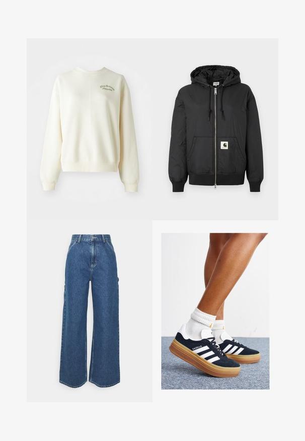 Črna kapučna jakna z zadrgo spredaj, rebrastimi manšetami in robom ter kvadratno logotipno nalepko na spodnjem sprednjem delu. Izdelana iz lahkega, gladkega materiala.; Krevetni pulover s klasičnim ovratnikom, dolgimi rokavi, rebrastimi manšetami in vezenjem "New Balance Athletics" na levem prsnem delu.; Široke modre denim hlače z visokim pasom, kontrastnim šivom in stranskimi žepi, ki vključujejo klasičen pet-džepni dizajn in robove brez obdelave.; Črni antilop superge z belimi črtami in poudarki, okrogel prst, gumijasti podplat, kombinirane z belimi rebrastimi nogavicami.