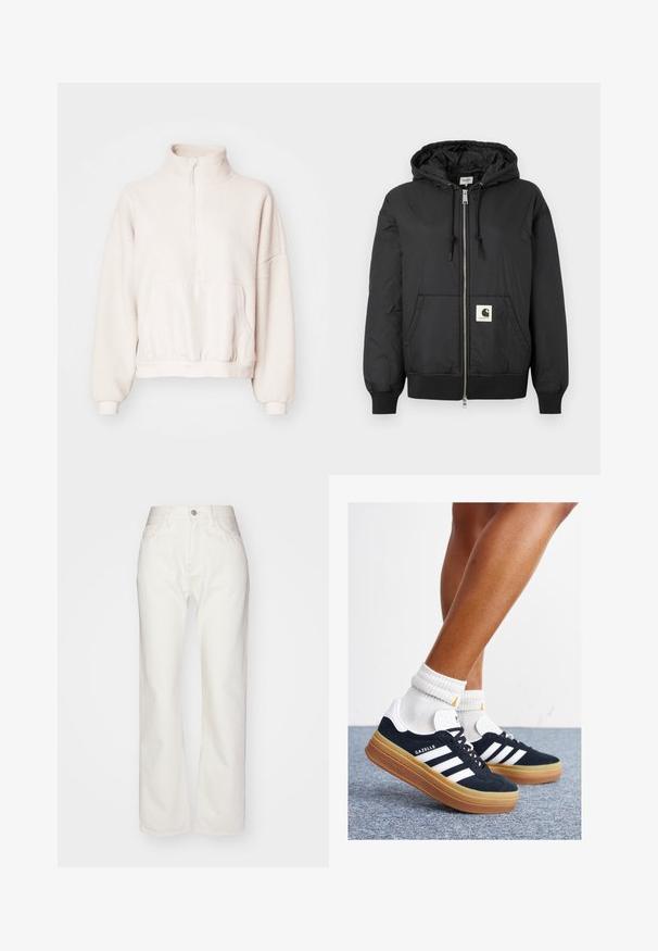 Schwarze Kapuzenjacke mit Reißverschluss, gerippten Bündchen und Saum sowie einem quadratischen Logo-Patch auf der unteren Vorderseite. Hergestellt aus leichtem, glattem Material.; Helle beige Fleece-Pullover mit viertel Reißverschluss, hohem Kragen und einer Kängurutasche. Mit Bündchen an den Ärmeln und einem elastischen, taillierten Saum. Weicher Stoff.; Weiße Denim-Hosen mit hoher Taille und weit geschnittenem Bein. Mit einem Knopf- und Reißverschluss, Gürtelschlaufen und dezenten Nähten.; Schwarze Wildledersneaker mit weißen Streifen und Akzenten, rundlicher Zehenbereich, Sohlen aus braunem Gummi, kombiniert mit weißen, gerippten Sneakersocken.