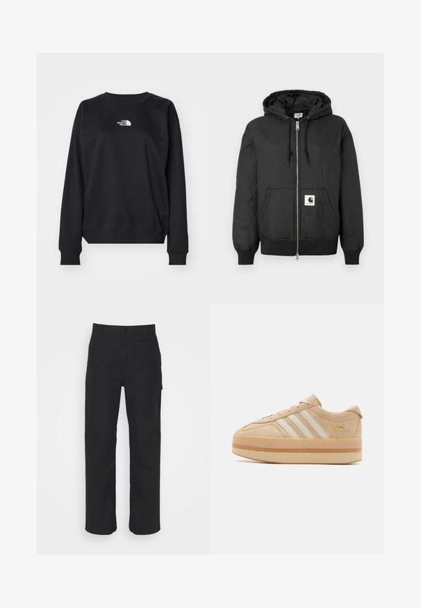 Melns kapuci jaka ar rāvējslēdzēju priekšpuses, ribotām piedurknēm un apakšējo daļu, kā arī kvadrātveida logo uzlīmi apakšējā priekšpusē. Izgatavota no viegla, gluda auduma.; Melns džemperis, izgatavots no kokvilnas maisījuma, ar apaļu kakla izgriezumu, garām piedurknēm, ribota apakšmalu un nelielu baltu logotipu uz krūškurvja.; Melni kokvilnas bikses ar taisnu griezumu, pogu aizdari un jostas cilpām. Iezīmējas klasiskā dizainā bez redzamām kabatām.; Bēšas zamšādas platformas sporta apavi ar baltām trim svītrām, noapaļota purngala forma un bēša gumijas zole, kurai sānos ir zelta logotipa akcents.