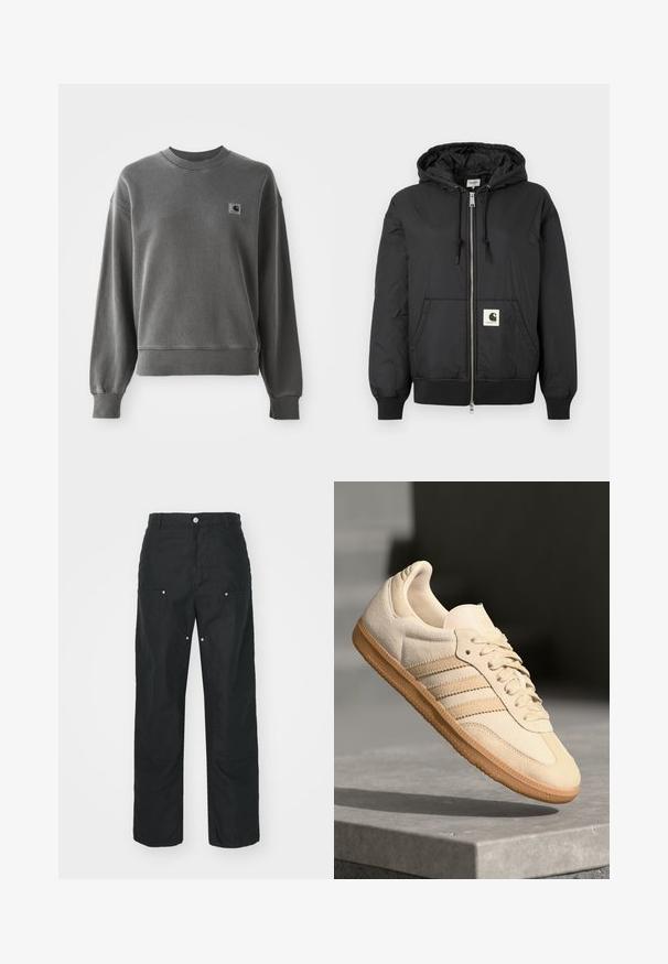 Must mustaga, millel on ees lukk, soonikkoesde ja alumise ääre soonik, ning ruudukujuline logo plaastriga alumises ees. Valmistatud kergest, siledast kangast.; Hall hall, mis on valmistatud siledast puuvillaste segudest, ringikujuline kaelus, soonikpitsid ja väike logopatch vasakul rinnal.; Mustad püksid sirge säärega, valmistatud tekstuurses kangas. Dekoratiivsed hõbedased detailid ja ainulaadne õmblusteenus.; Hele beeži sueded spordijalatsid, millel on kummist välistald, kolm diagonaalset triipu ja tekstuuriga varvaste katus. Omab logo keelel ja külgedel.