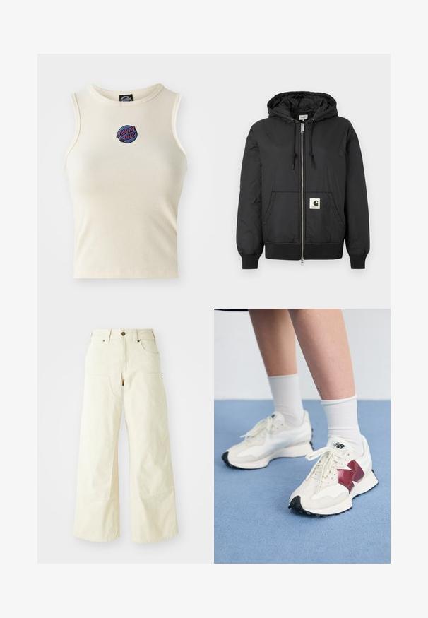 Svart hettejakke med glidelås foran, ribbede mansjetter og hem, samt en firkantet logo-patch nederst foran. Laget av lett og glatt stoff.; Kremfarget ribbestrikket tanktop med rund hals og uten ermer, med et brodert "Santa Cruz"-logo i rosa og blått på fronten.; Beige vide bukser laget av bomull, med høy midje, store frontlommer og en jevn tekstur med minimale sømdetaljer.; Par med hvite joggesko med bordeaux detaljer, teksturerte paneler, flat svart yttersåle og lette snøringer, iført hvite ankelstrømper.