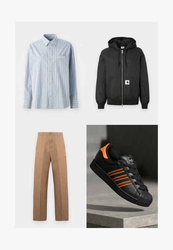 Schwarze Kapuzenjacke mit Reißverschluss, gerippten Bündchen und Saum sowie einem quadratischen Logo-Patch auf der unteren Vorderseite. Hergestellt aus leichtem, glattem Material.; Helles blaues Langarm-Hemd mit weißen und dunklen vertikalen Streifen sowie einer Brusttasche mit weißer Schriftstickerei.; Braune Baumwollhose mit geradem Bein, ausgestattet mit Knopfverschluss, Gürtelschlaufen und minimalen Nähten für ein sauberes Erscheinungsbild.; Schwarze Sneaker mit orangen Akzenten, drei horizontalen Streifen, strukturiertem Lederobermaterial, Gummikappe und schwarzen Schnürsenkeln.