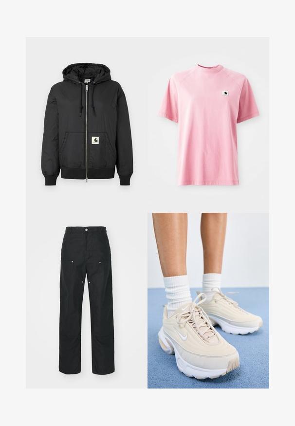 Fekete, kapucnis dzseki, elöl cipzárral, bordázott mandzsettákkal és hempergő aljjal, az alsó elején egy négyzet alakú logóval. Könnyű, sima anyagból készült.; Rózsaszín pamut póló kerek nyakkivágással és rövid ujjal. A bal mellrészen egy kis négyzet alakú logófolt található. Sima textúra.; Fekete nadrág, egyenes lábbal, textúrált anyagból készült. Dekoratív ezüst hardware-rel és egyedi varrási részletekkel rendelkezik.; Beige színű sportcipők, textúrázott felsőrészel, fehér fűzőkkel és vastag fehér talppal. A dizájn finom íveket és egy kis logót tartalmaz.