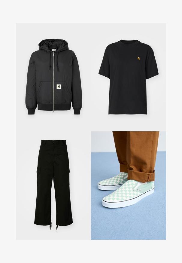 Chaqueta negra con capucha y cremallera en el frente, puños y dobladillo acanalados, y un parche cuadrado con el logotipo en la parte inferior delantera. Hecha de una tela ligera y suave.; Camiseta de algodón negra con un corte relajado. Presenta un cuello redondo y mangas cortas. Incluye un pequeño logotipo bordado en dorado en el pecho.; Pantalones cargo negros de algodón, con piernas anchas, bolsillos laterales y dobladillos con cordón. El diseño incluye un cierre de botón en la cintura.; Pies con pantalones marrones arremangados y zapatillas Vans de cuadros en tonos verde pastel y blanco, sobre un suelo de moqueta azul claro.