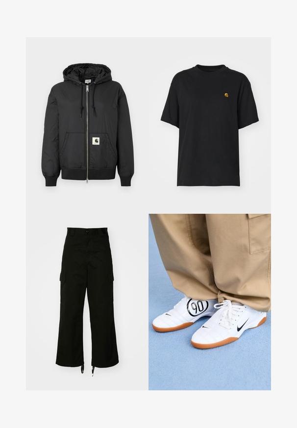 Melns kapuci jaka ar rāvējslēdzēju priekšpuses, ribotām piedurknēm un apakšējo daļu, kā arī kvadrātveida logo uzlīmi apakšējā priekšpusē. Izgatavota no viegla, gluda auduma.; Melnas kokvilnas T-krekls ar brīvu piegriezumu. Iezīmē apaļu kakla un īsām piedurknēm. Iekļauts neliels zelta izšūts logo krūšu daļā.; Melnas kokvilnas cargos bikses ar platām kājām, sānu kabatām un ar auklām regulējamām apakšmalām. Dizains ietver pogu aizdari jostasvietā.; Baltas sporta apģērbs ar izšūtu dizainu, melna Nike svītra un izteiksmīga melna "90" grafika sānos, kopā ar haki biksēm.