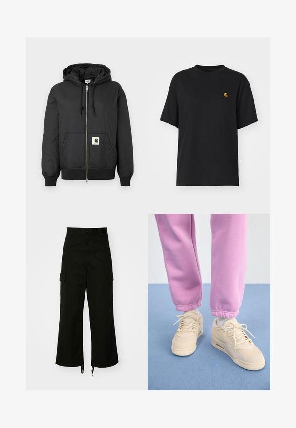 Juoda gobtuvo striukė su užtrauktuku priekyje, raukšlėtais rankogaliais ir apatine dalimi, bei kvadratiniu logotipo ženklu apatiniame priekyje. Pagaminta iš lengvos, lygaus audinio.; Juoda medvilnės marškinėliai su laisvu siluetu. Turi apvalų kaklą ir trumpas rankoves. Ant krūtinės yra maža auksinė siuvinėta logo.; Juodi krovinių šortai, pagaminti iš medvilnės, su plačiais šonais, šoninėmis kišenėmis ir raišteliais apačioje. Dizainas apima sagos užsegimą talijoje.; Bežiniai sportbačiai su tekstūruota viršutine dalimi, paminkštinta liežuvėliu ir raištelių užsegimu, derinami su siaurėjančiomis rožinėmis treniruotėmis, turinčiomis gumbuotas apačias.