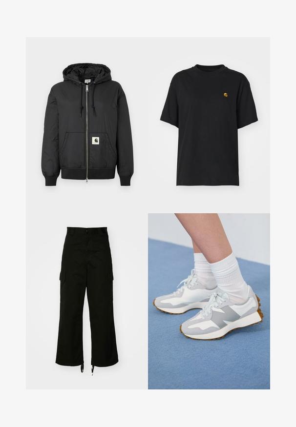 Čierna kapucňa s predným zipsom, rebrovanými manžetami a lemom, a štvorcovou logo nášivkou na dolnej časti prednej strany. Vyrobené z ľahkej, hladkej tkaniny.; Čierne bavlnené tričko s voľným strihom. Má okrúhly výstrih a krátke rukávy. Obsahuje malé zlaté vyšívané logo na hrudi.; Čierne cargo nohavice vyrobené z bavlny, s širokými nohavicami, bočnými vreckami a sťahovacími lemami. Dizajn zahŕňa gombíkový uzáver v páse.; Svetlošedé športové topánky s bielymi akcentmi, textúrovaná tkanina a gumové podrážky, obuté s bielymi ryhovanými ponožkami na modrom povrchu.