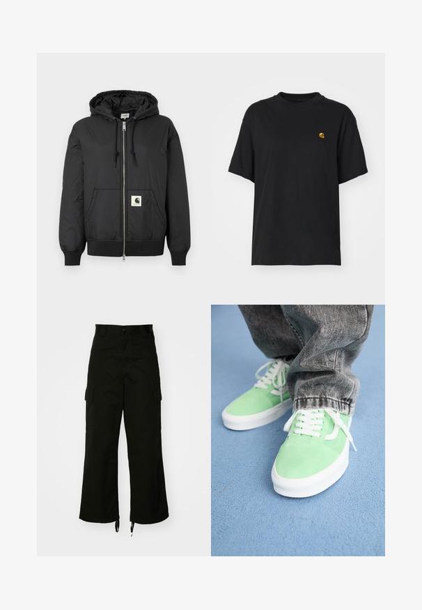 Crna jakna s kapuljačom, sa patentnim zatvaračem sprijeda, rebrastim manžetama i donjim rubom, te kvadratnom oznakom na donjem prednjem dijelu. Izrađena od laganog, glatkog materijala.; Crna pamučna majica s opuštenim krojem. Ima okrugli izrez i kratke rukave. Sadrži mali zlatni izvezeni logo na prsima.; Crne cargo hlače od pamuka, širokih nogavica, s bočnim džepovima i rubovima s drškom. Dizajn uključuje kopčanje na gumbu u struku.; Osoba u svijetlozelenim i bijelim tenisicama s bijelim vezicama i izblijedjelim crnim farmerkama stoji na plavom teksturiranom podu.