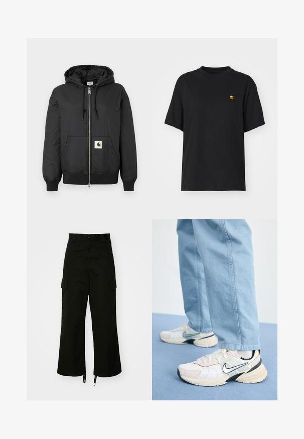 Giacca nera con cappuccio, dotata di zip frontale, polsini e orlo a coste, e una patch logo quadrata nella parte bassa anteriore. Realizzata in tessuto leggero e liscio.; T-shirt in cotone nero con una vestibilità rilassata. Presenta un collo rotondo e maniche corte. Include un piccolo logo ricamato in oro sul petto.; Pantaloni cargo neri realizzati in cotone, con gamba larga, tasche laterali e orli con cordino. Il design include una chiusura con bottone in vita.; Scarpe da corsa bianche e rosa chiaro con dettagli neri, tessuto testurizzato e suola spessa; abbinate a pantaloni di jeans azzurri chiari.