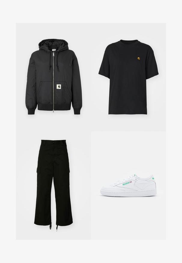 Fekete, kapucnis dzseki, elöl cipzárral, bordázott mandzsettákkal és hempergő aljjal, az alsó elején egy négyzet alakú logóval. Könnyű, sima anyagból készült.; Fekete pamut póló laza szabással. Kerek nyakkal és rövid ujjakkal rendelkezik. A mellkason egy kis arany hímzett logó található.; Fekete cargo nadrág, pamutból készült, széles lábakkal, oldalsó zsebekkel és húzózsinóros szegélyekkel. A dizájn része egy gombos zárás a deréknál.; Fehér bőr sportcipő párnázott nyakkal, kerek orral, perforált panelek, lapos fűzők és zöld részletek a logón és a saroknál. Gumi talp.