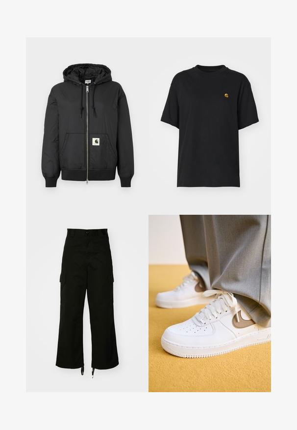 Must mustaga, millel on ees lukk, soonikkoesde ja alumise ääre soonik, ning ruudukujuline logo plaastriga alumises ees. Valmistatud kergest, siledast kangast.; Must must särk lõdva lõikega. Omab ümmargust kaelust ja lühikesi varrukaid. Rinnal on väike kuldne tikandiga logo.; Mustadest puuvillast cargo-püksidest, millel on laiad sääred, küljetaskud ja nööriga lõpulised säärised. Disain sisaldab nööbi sulgemist vöökohal.; Valged nahast tennisetossud tekstureeritud pinnaga, aukude jaotuse ning beežide aktsentidega. Lukk on valge ning kummist väljalaskeava. Kanda hallide pükstega.