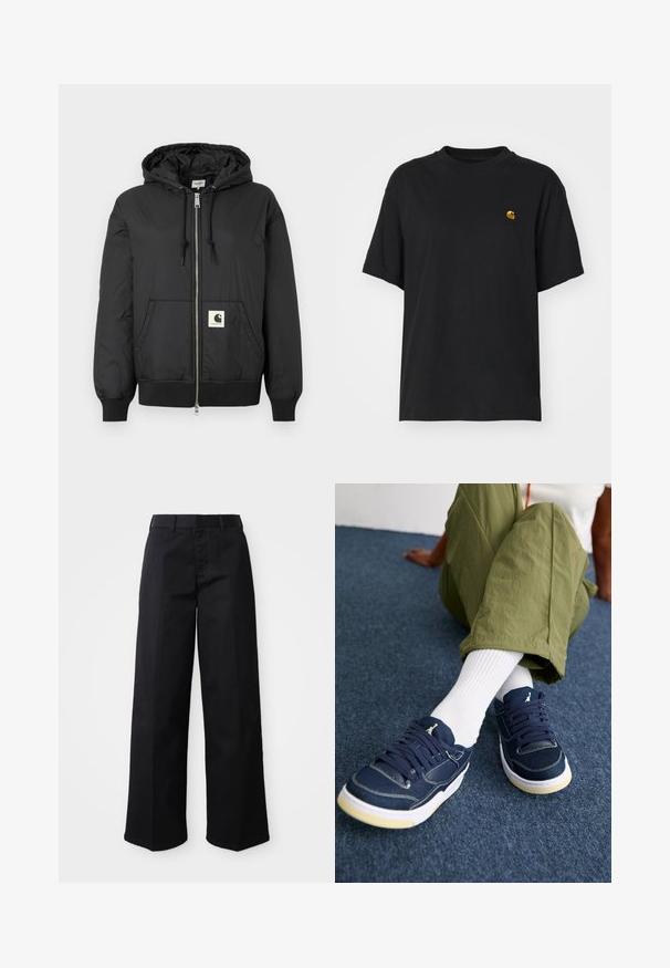 Must mustaga, millel on ees lukk, soonikkoesde ja alumise ääre soonik, ning ruudukujuline logo plaastriga alumises ees. Valmistatud kergest, siledast kangast.; Must must särk lõdva lõikega. Omab ümmargust kaelust ja lühikesi varrukaid. Rinnal on väike kuldne tikandiga logo.; Mustad laiad püksid, mis on valmistatud pehmest puuvillakangast. Omab klassikalist vöökohta, küljetaskuid ja sirget lõike püksijala lõpus.; Inimene, kes kannab rohelisi pükse, valgeid lühikesi sokke ja tumedat sinist jalatsit valgete talladega, istub tumesinisel vaibal.