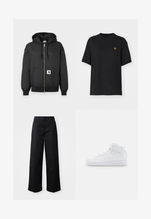 Svart hettejakke med glidelås foran, ribbede mansjetter og hem, samt en firkantet logo-patch nederst foran. Laget av lett og glatt stoff.; Svart bomulls t-skjorte med løs passform. Har rund hals og korte ermer. Inkluderer en liten gullbrodert logo på brystet.; Svart vide bukser laget av myk bomullsstoff. Har en klassisk midje, sidelommer og en rett kutt til kanten.; Hvite høye sneakers laget av lær med polstret krage, perforert tå, snøring og justerbar ankelstropp; logo på siden.
