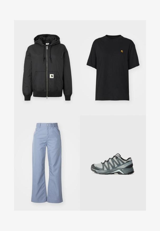 Svart hettejakke med glidelås foran, ribbede mansjetter og hem, samt en firkantet logo-patch nederst foran. Laget av lett og glatt stoff.; Svart bomulls t-skjorte med løs passform. Har rund hals og korte ermer. Inkluderer en liten gullbrodert logo på brystet.; Lyseblå vide bukser i en glat bomuldsblanding, med forlommer og en knaplukning i taljen.; Lettvekts fotturer sko i grått mesh med mørke detaljer. Har en teksturert såle og en polstret hæl for komfort og grep.