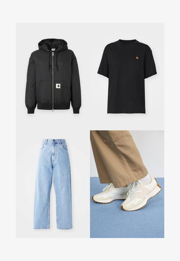 Schwarze Kapuzenjacke mit Reißverschluss, gerippten Bündchen und Saum sowie einem quadratischen Logo-Patch auf der unteren Vorderseite. Hergestellt aus leichtem, glattem Material.; Schwarzes Baumwoll-T-Shirt mit lockerer Passform. Hat einen Rundhalsausschnitt und kurze Ärmel. Enthält ein kleines, goldfarben gesticktes Logo auf der Brust.; Hoch-taillierte hellblaue Jeans mit geraden, weiten Beinen, vorderem Knopf, Reißverschluss und Front- sowie Gesäßtaschen.; Weiß-beige Sport Schuhe mit strukturierten Oberflächen, einer Gummisohle und hellblauen Schnürsenkeln, kombiniert mit beigen, weit geschnittenen Hosen.