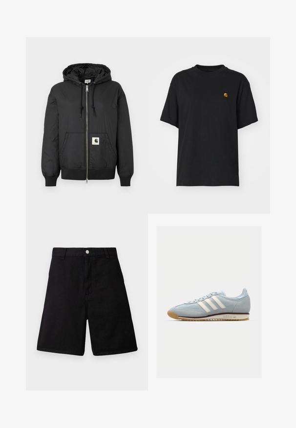 Jachetă neagră cu glugă, cu fermoar frontal, manșete și tiv ribbate și un patch pătrat cu logo în partea inferioară din față. Fabricată dintr-un material ușor și neted.; Tricou din bumbac negru, cu o croială lejeră. Are guler rotund și mâneci scurte. Include un mic logo brodat auriu pe piept.; Shorts negri dintr-un material durabil, cu un design drept, buzunare frontale, fermoar la brâu și un sistem de închidere cu nasture metalic.; Adidași din suede albastru deschis cu trei dungi albe, talpă din cauciuc și plasă texturată. Dispune de o vârf neted și un logo pe toc.