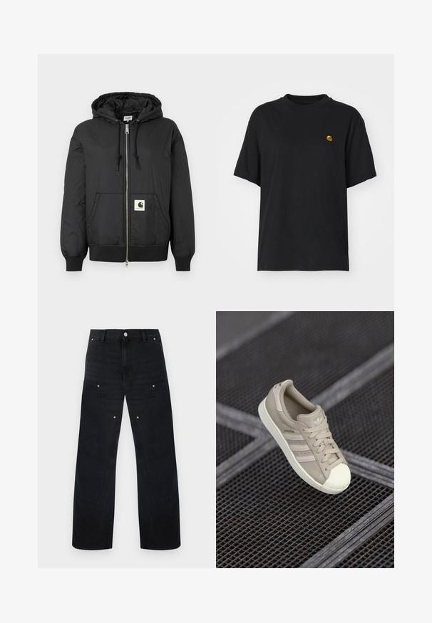 Črna kapučna jakna z zadrgo spredaj, rebrastimi manšetami in robom ter kvadratno logotipno nalepko na spodnjem sprednjem delu. Izdelana iz lahkega, gladkega materiala.; Črna bombažna majica s sproščenim krojem. Ima okroglo ovratnik in kratke rokave. Vključuje majhen zlat vezen logotip na prsih.; Črne široke kavbojke iz jeansa z zapiranjem na gumbe, več žepov in ukrivljenimi šivi spredaj in ob straneh.; Bežna Adidas Superstar teniska z teksturirano usnjeno zgornjico, tremi stranskimi črtami, okroglim kapom za prste ter logotipom na ježku in peti.