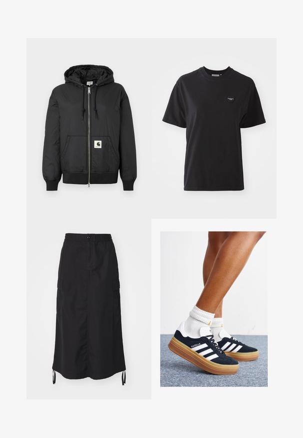 Giacca nera con cappuccio, dotata di zip frontale, polsini e orlo a coste, e una patch logo quadrata nella parte bassa anteriore. Realizzata in tessuto leggero e liscio.; T-shirt in cotone nero con collo rotondo, maniche corte e un piccolo logo a forma di cuore nella parte superiore sinistra. Tessuto liscio, vestibilità rilassata.; Gonna nera di lunghezza media realizzata in tessuto leggero. Presenta un elastico in vita, chiusura con bottone e tasche laterali con dettagli in cordino.; Sneakers in pelle scamosciata nera con strisce e dettagli bianchi, punta arrotondata, suola in gomma color gomme, abbinate a calzini bianchi a coste alla caviglia.