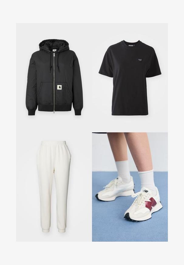 Czarna kurtka z kapturem, zapinana na zamek błyskawiczny, z prążkowanymi mankietami i dolnym hemem oraz kwadratową naszywką z logo z przodu na dole. Wykonana z lekkiego, gładkiego materiału.; Czarny bawełniany t-shirt z okrągłym dekoltem, krótkimi rękawami i małym serduszkowym logo w górnym lewym rogu. Gładka tekstura, luźny krój.; Białe, zwężane dresowe spodnie z miękkiego materiału, z elastycznym pasem i ściągaczami na kostkach. Posiada boczne kieszenie dla wygody.; Para białych sneakersów z bordowymi akcentami, teksturowanymi panelami, płaską czarną podeszwą i jasnymi sznurowadłami, noszonych z białymi skarpetkami do kostek.
