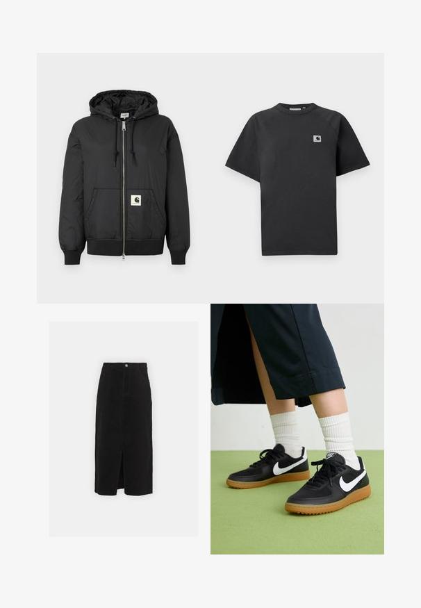 Must mustaga, millel on ees lukk, soonikkoesde ja alumise ääre soonik, ning ruudukujuline logo plaastriga alumises ees. Valmistatud kergest, siledast kangast.; Mustast puuvillast T-särgist, millel on ümar kaelus, lühikesed varrukad ja ristkülikukujuline logo paigaldus vasakul rinna poolel.; Mustmust värvi midi seelik, millel on ees lõhik, klassikaline viie tasku disain ja hõbedane nööp sulgemiseks taljes.; Mustad nahast ja sünteetilised sneekerid valge Nike logoga, kummist gumme, ümar nina ja mustad paelad. Näha ribakujulisi valgeid sokke.