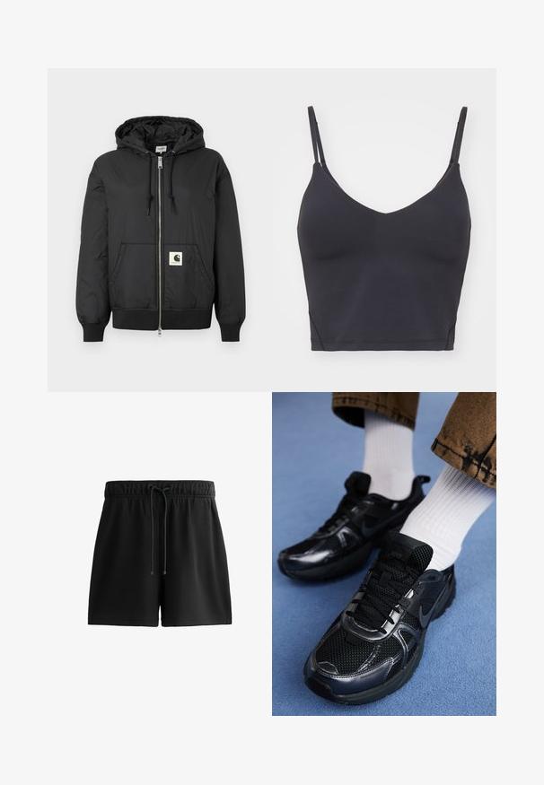 Schwarze Kapuzenjacke mit Reißverschluss, gerippten Bündchen und Saum sowie einem quadratischen Logo-Patch auf der unteren Vorderseite. Hergestellt aus leichtem, glattem Material.; Schwarzer nahtloser Bralette mit dünnen verstellbaren Trägern, V-Ausschnitt und taillierter Passform. Weicher, dehnbarer Stoff ohne sichtbare Hardware.; Schwarze Shorts aus weichem Material mit einem elastischen Bund und Kordelzug, seitlichen Taschen und einem schlichten, schlanken Design.; Schwarze Nike-Sneaker aus Mesh und synthetischem Material mit strukturierter Oberseite, schwarzen Schnürsenkeln und strapazierfähigen Gummisohlen. Weiße, gerippte Socken sind sichtbar.