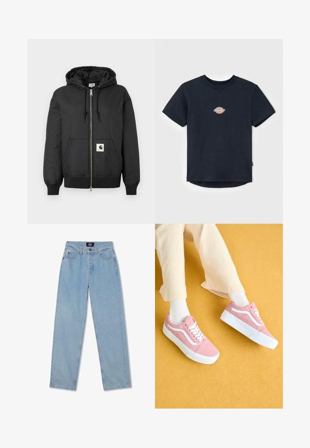 Melns kapuci jaka ar rāvējslēdzēju priekšpuses, ribotām piedurknēm un apakšējo daļu, kā arī kvadrātveida logo uzlīmi apakšējā priekšpusē. Izgatavota no viegla, gluda auduma.; Melna kokvilnas T-kreklu ar īsām piedurknēm, apaļu kaklu un mazu, daudzkrāsu logo uz krūšu. Tieša apakšmalā ar nedaudz garāku aizmuguri.; Gai zili džinsi ar taisnu piegriezumu, piecām kabatām, pogu aizdari un ar maigiem nodilumiem priekšpusē.; Rozā kanvas sporta apavi ar baltām akcentiem un šņorēm, ar tekstūrētu virsmu un baltu gumijas zoli, izvietoti uz dzeltena fona.