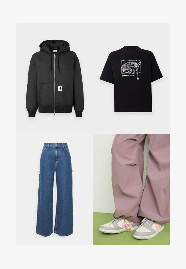 Jachetă neagră cu glugă, cu fermoar frontal, manșete și tiv ribbate și un patch pătrat cu logo în partea inferioară din față. Fabricată dintr-un material ușor și neted.; Tricou negru din bumbac, cu mâneci scurte. Dispune de un grafic alb cu o pânză de păianjen și un logo pe față. Guler simplu, rotund.; Pantaloni din denim albastru cu talie înaltă și picioare largi, cu o cusătură contrastantă și buzunare laterale, având un design clasic cu cinci buzunare și margini brut.; Adidașii Nike Dunk în nuanțe de bej și gri, cu un swoosh roz, purtați cu pantaloni largi de culoare lavender, pe o suprafață verde.