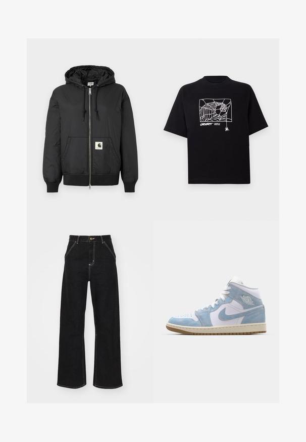 Black hooded jacket with a zip front, ribbed cuffs and hem, and a square logo patch on the lower front. Made from lightweight, smooth fabric.; Black T-shirt made of cotton with short sleeves. Features a white spider web graphic and logo on the front. Simple rounded neckline.; Black wide-leg jeans made of denim, featuring contrasting white stitching and a front button closure, with two angled front pockets.; Jordan AIR JORDAN 1 MID SE - High-top trainers - white/worn blue/sail/light brown